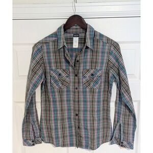 Patagonia‎ Womens Organic Cotton Plaid Button Down Shirt Blue Size 4 Long Sleeve